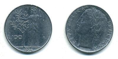 ИТАЛИЯ 100 ЛИР 1956 R, АФИНА KM 96.1 нержавеющая сталь 25-933