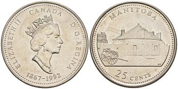Канада 25 центов 1992 125 лет конфедерации, Елизавета II, МАНИТОБА KM 214 никель aUNC 4114-837