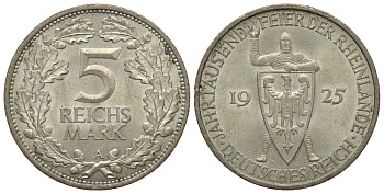 Германия 5 марок 1925 A, 1000 летие Рейнланда Weege 25, J. 322, KM 46 серебро 00-812-23