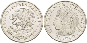 Мексика 50 сентаво 1969 Куаутемок, последний правитель империи ацтеков KM 451 медно-никель 4519-644
