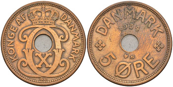 ДАНИЯ 5 ЭРЕ 1934 N; GJ, КРИСТИАН X (1912-1947) KM 828.2 бронза 69-524