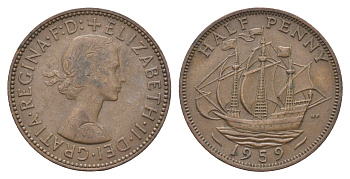 Великобритания 1/2 пенни 1959 Елизавета II (1952-2022) KM 896, Spink 4158 бронза 4662-1152