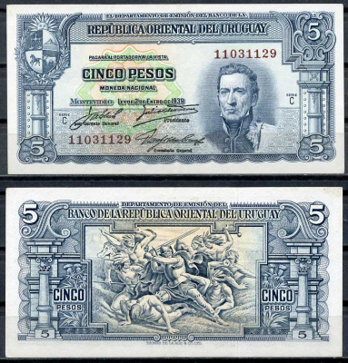 Уругвай 5 песо 1939 Хосе Хервасио Артигас, конкистадор, сражающийся с индейцами, серия С Pick 36 b (3)  бумага  aUNC 7217-73-3-1
