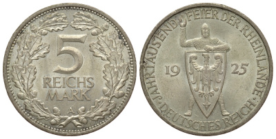 Германия 5 марок 1925 A, 1000 летие Рейнланда Weege 25, J. 322, KM 46 серебро 00-812-23