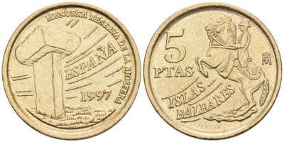 Испания 5 песет 1997 Хуан Карлос I (1975-2014), Балеарские острова, всадник KM 981 алюминиевая бронза 4567-453