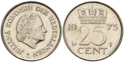 Нидерланды 25 центов 1973 Юлиана (1949-1980) KM 183 никель    4598-469