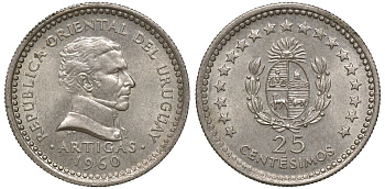 Уругвай 25 сентесимо 1960 KM 40 медно-никель 4169-865