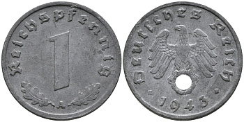 ГЕРМАНИЯ 1 РЕЙХСПФЕННИГ 1943 A KM 97, J.369 цинк 96-769