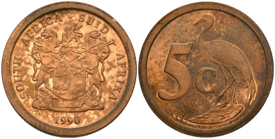 ЮАР 5 центов 1990 KM 134 сталь плакированная медью PROOF 00-000-00