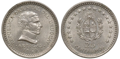 Уругвай 25 сентесимо 1960 KM 40 медно-никель 4169-865