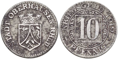ОБЕРХАУЗЕН 10 ПФЕННИГОВ 1919 НОТГЕЛЬД, ДИАМЕТР 21 ММ., ЗЕМЛЯ СЕВЕРНЫЙ РЕЙН-ВЕСТФАЛИЯ железо 201-856