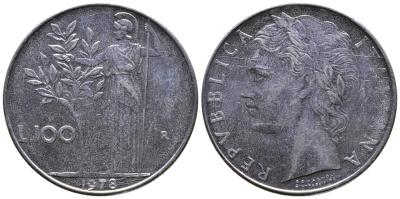 ИТАЛИЯ 100 ЛИР 1978 R, АФИНА KM 96.1 нержавеющая сталь 3334-744