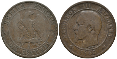 ФРАНЦИЯ 10 САНТИМОВ 1856 А, НАПОЛЕОН III (1852-1870) KM 771.1, LA FRANC 133.32 бронза 32-922