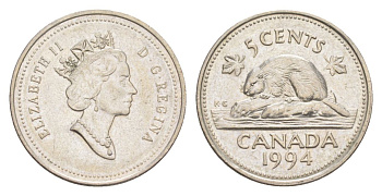 Канада 5 центов 1994 Елизавета II (1952-2022), бобр KM 182 медно-никель 4630-744