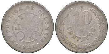 Колумбия 10 сентаво 1921 государственный лепрозорий KM L12 медно-никель 53-1052