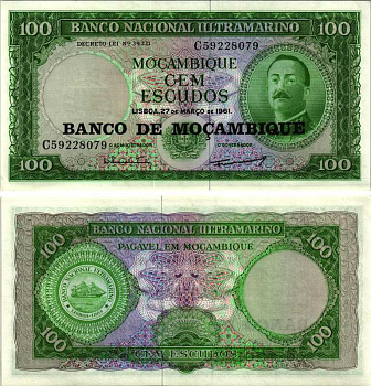 Мозамбик 100 эскудо 1961 (1976) надпечатка на 1961, Айрес де Орнелас  Pick 117 a бумага aUNC 7205-36-1-2