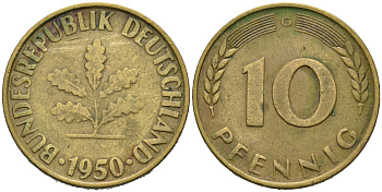 ФРГ 10 ПФЕННИГОВ 1950 G KM 108, J.383 сталь плакированная латунью 75-622