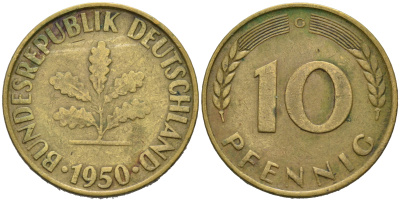 ФРГ 10 пфеннигов 1950 G KM 108, J.383 сталь плакированная латунью 4681-1122