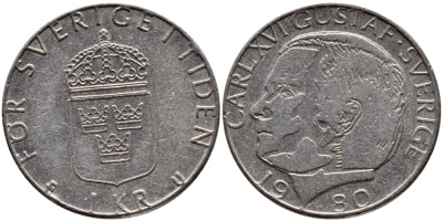 Швеция 1 крона 1980 Карл XVI Густав (1973- ) KM 852 медь плакированная медно-никелем 4397-954
