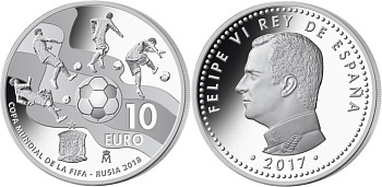 Испания 10 евро 2017 чемпионат мира по футболу в России KM NEW серебро PROOF 05-122-23