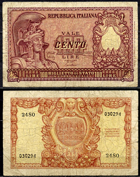Италия 100 лир 1951 Афина в шлеме, Bolaffi, Cavallaro Pick 92 a бумага 000-00-00