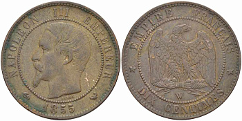 ФРАНЦИЯ 10 САНТИМОВ 1855 W, НАПОЛЕОН III (1852-1870) KM 771.7, LE FRANC 133.31 бронза 38-1025