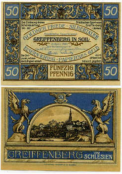 Германия, Грайфенберг (Грыфув) 50 пфеннигов 1920 19 апреля 1920, нотгельд, Польша Grabowski 470.1  бумага  UNC (пресс) 7221-10-1-1