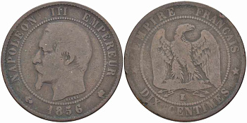 ФРАНЦИЯ 10 САНТИМОВ 1856 K, НАПОЛЕОН III (1852-1870) KM 771.5, LE FRANC 133.36 бронза 38-1224