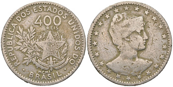 Бразилия 400 реалов 1901 MCMI, голова свободы вправо KM 505 медно-никель 4612-525