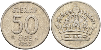 Швеция 50 эре 1952 TS, Густав VI Адольф (1950-1973) KM 825 серебро 4148-917