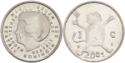 Нидерланды 1 гульден 2001 прощай гульден, детский рисунок, лев с флагом в руках KM 233 никель UNC 106-325