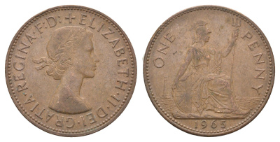 Великобритания 1 пенни 1965 Елизавета II (1952-2022) KM 897, Spink 4157 бронза 4661-931