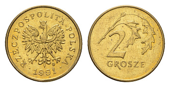 Польша 2 гроша 1991 Y 277 марганец латунь UNC 4674-946