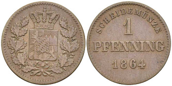 Бавария 1 пфенниг 1864 Максимилиан II (1848-1864) КМ 471 медь 201-249