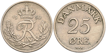 Дания 25 эре 1950 N,S, Фредерик IX (1947-1972) KM 842.1 медно-никель 4591-952