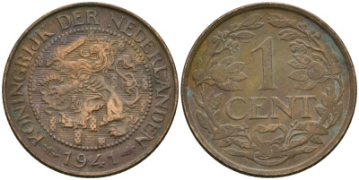 Нидерланды 1 цент 1941 Вильгельмина (1890-1948) KM 152 бронза 4576-1155