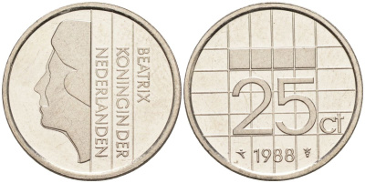 Нидерланды 25 центов 1988 Беатрикс (1980-2013) KM 204 никель UNC 4588-911