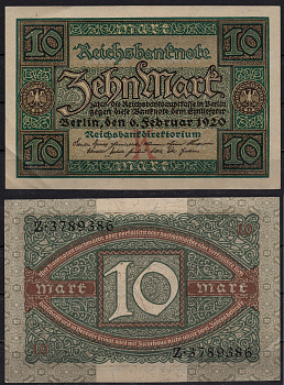 Германия 10 марок 1920 Pick 67a бумага 8602-33-2-1