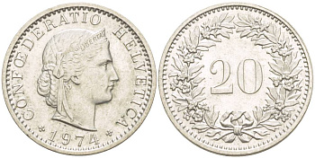 Швейцария 20 раппенов 1974 KM 29а медно-никель 4544-324