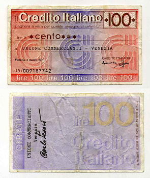 Италия чек на 100 лир 1976 credito Italiano, союз торговцев венеции бумага 8588-11-3-1