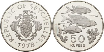 Сейшельские острова 50 рупий 1978 серия защита окружающей среды, рыбы, тираж 4281 экз. KM 39 серебро PROOF 1074-4-43