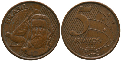 Бразилия 5 сентаво 2001 KM 648, Schon 156 сталь плакированная медью 4523-952