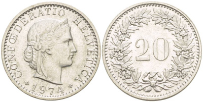 Швейцария 20 раппенов 1974 KM 29а медно-никель 4544-324