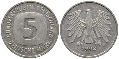 ФРГ 5 марок 1992 F, KM 140.1 медно-никель плакированный никелем 4680-324