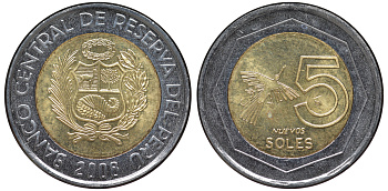 Перу 5 новых солей 2008 KM 316 биметалл aUNC 4605-352
