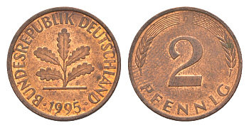 Германия 2 пфеннига 1995 D KM 106a, J. 381 сталь плакированная медью 4647-1011