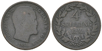 Дания 4 скиллинга 1854 FF, Фредерик VII (1848-1863) KM 758 билон 4615-834
