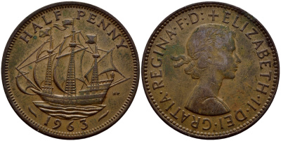 Великобритания 1/2 пенни 1963 Елизавета II (1952-2022) KM 896, Spink 4158 бронза 51-2437