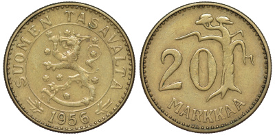 ФИНЛЯНДИЯ 20 МАРОК 1956 H KM 39 алюминиевая бронза 3334-737