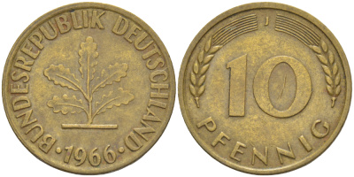 ФРГ 10 ПФЕННИГОВ 1966 J KM 108, J. 383 сталь плакированная латунью 4182-751